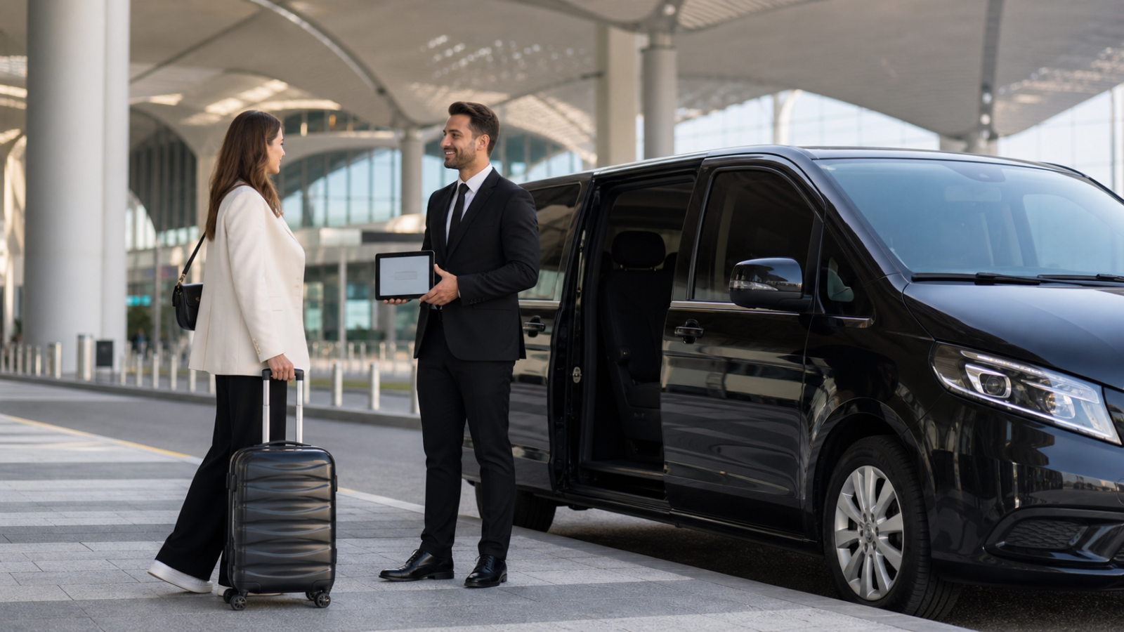 Havalimanı terminali önünde VIP minibüs yanında yolcuyu karşılayan profesyonel şoför