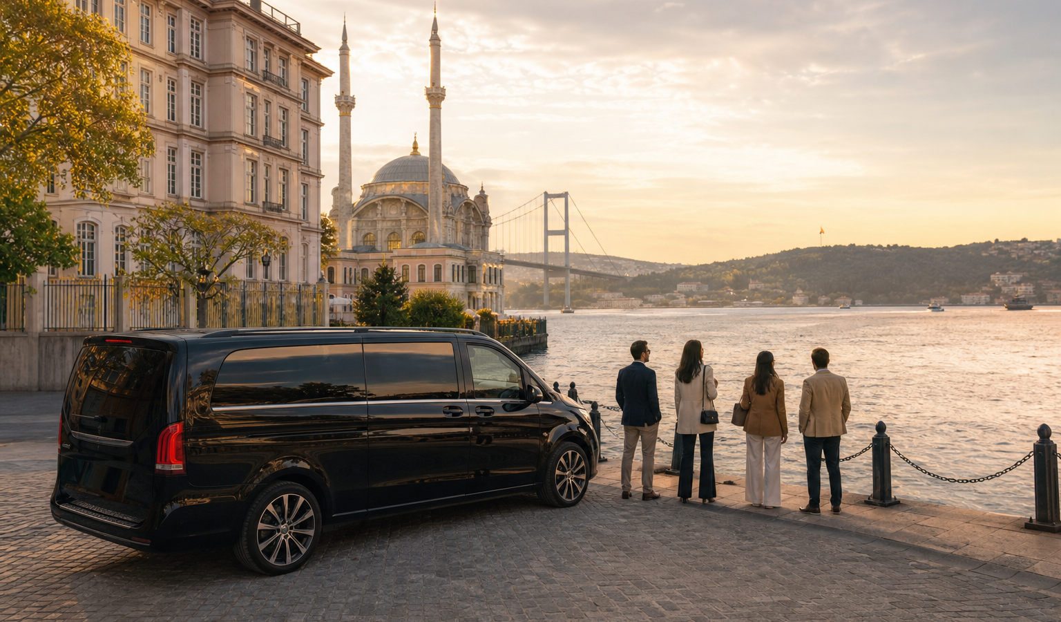 Boğaz kıyısında İstanbul manzarasını izleyen gezginler ve şoförlü VIP minibüs