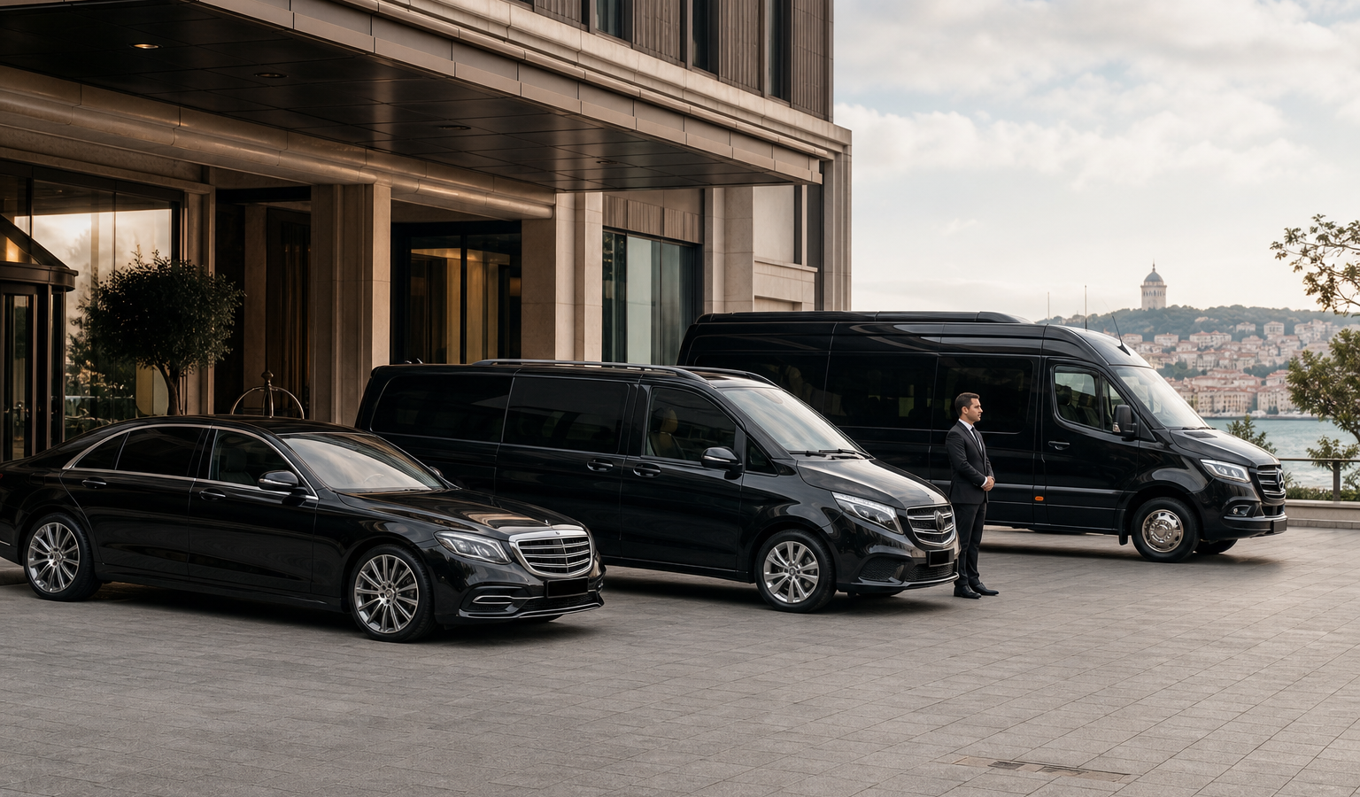 Lüks sedan, VIP minibüs ve Sprinter araçların şoförle birlikte karşılaştırmalı görünümü