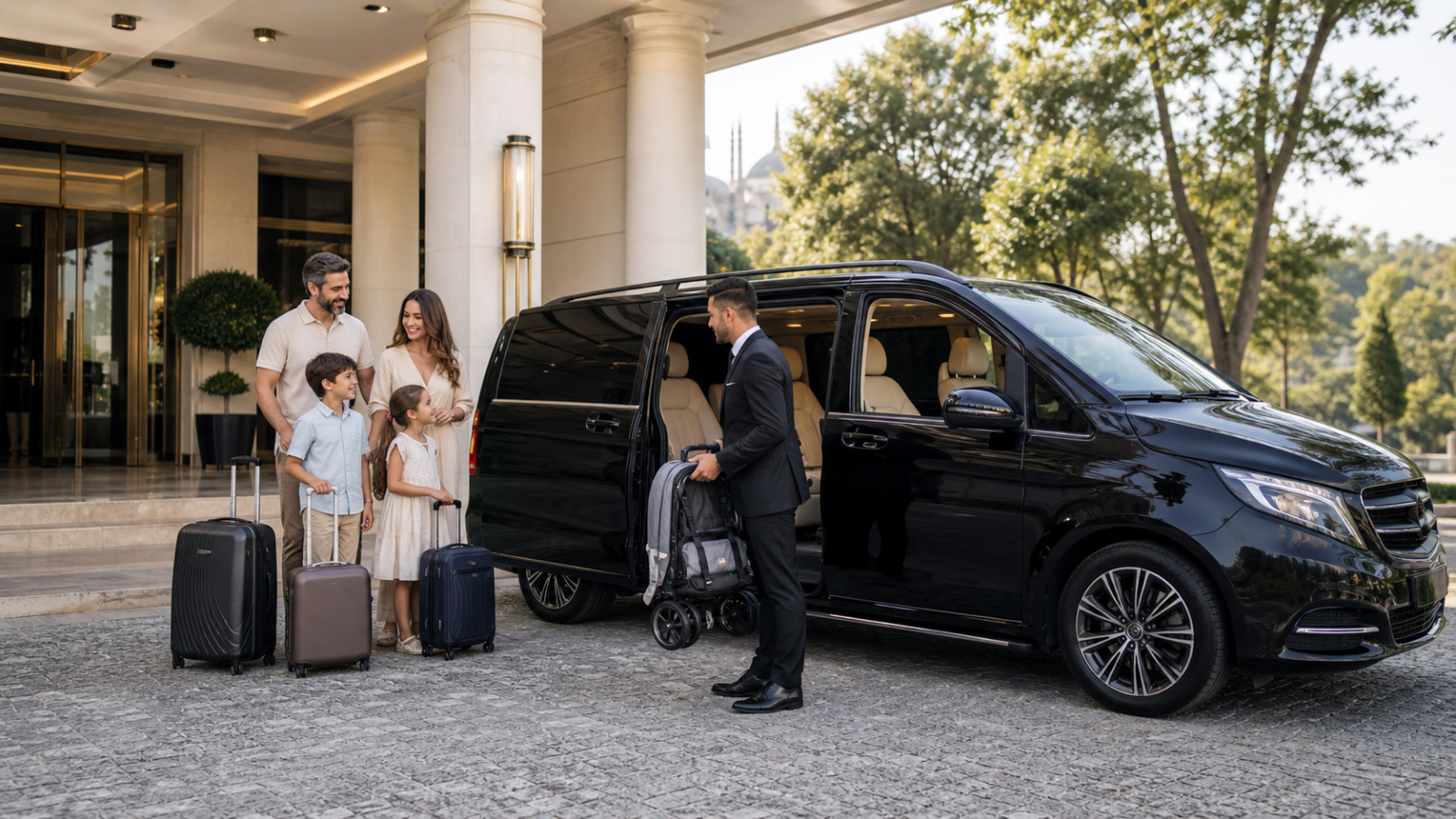 Otel önünde Mercedes Vito’ya bagaj ve bebek arabasıyla binen çocuklu aile