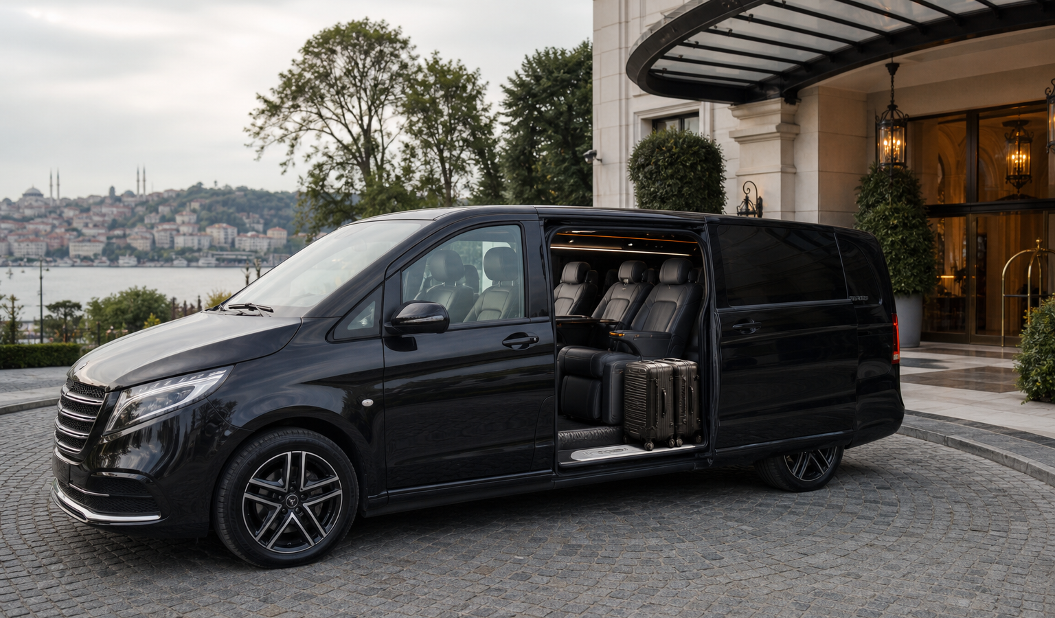 Açık kapısından geniş VIP yolcu kabini ve bavullar görünen siyah Mercedes Vito
