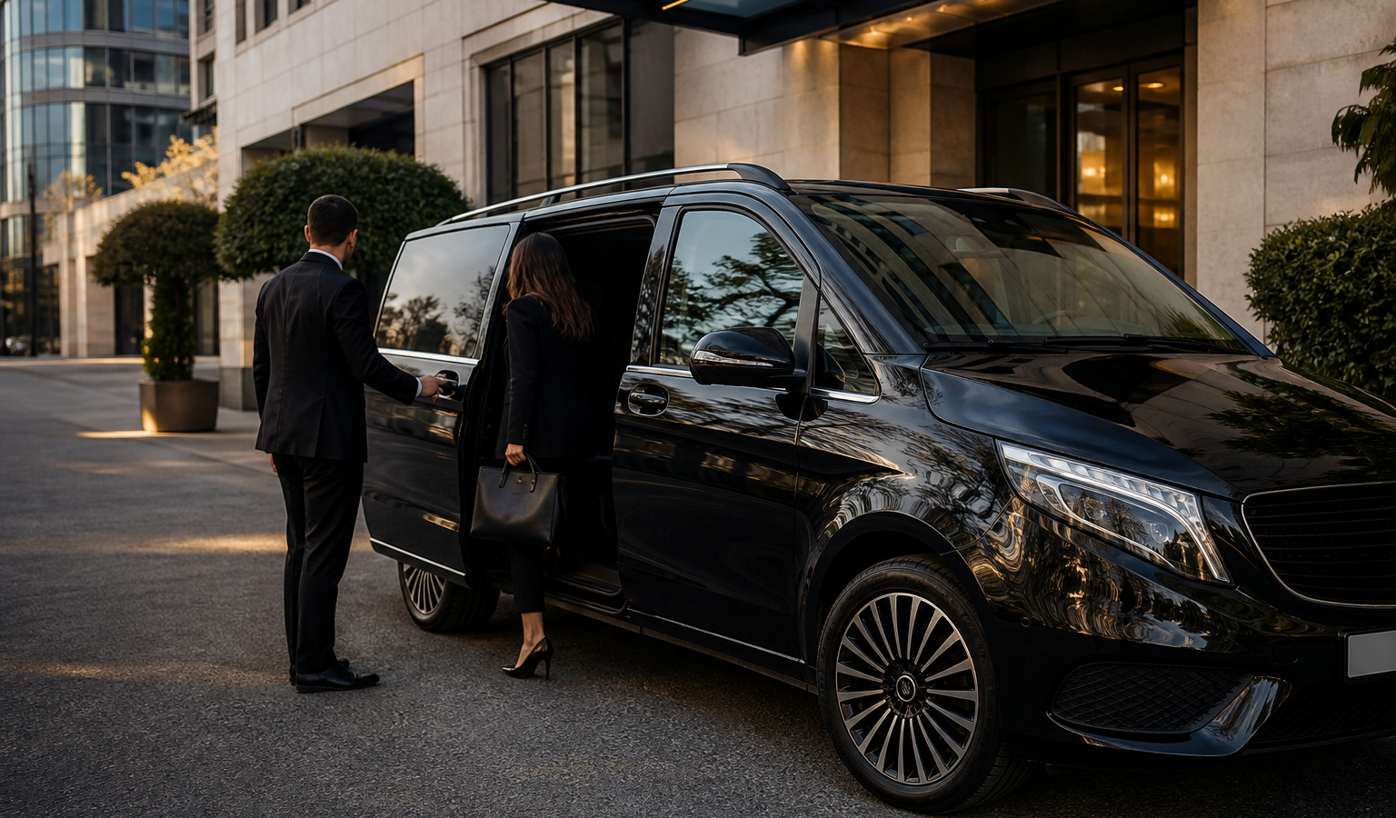 İstanbul iş bölgesinde VIP minibüse binen yolcuya kapıyı açan profesyonel şoför