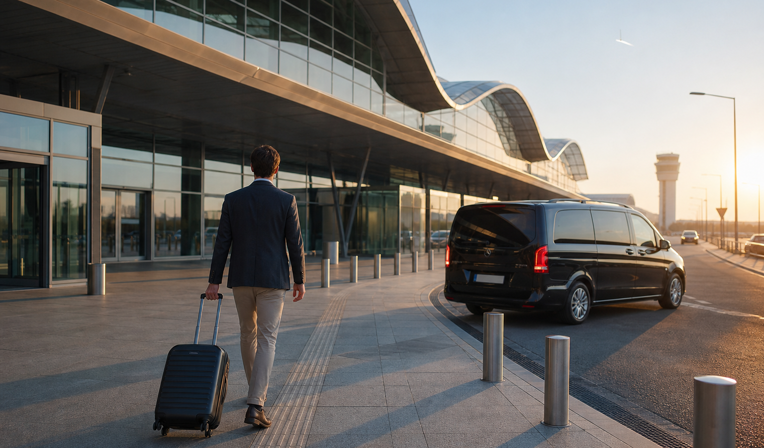 Sabiha Gökçen Havalimanı terminal girişine valizle yürüyen yolcu ve VIP transfer aracı