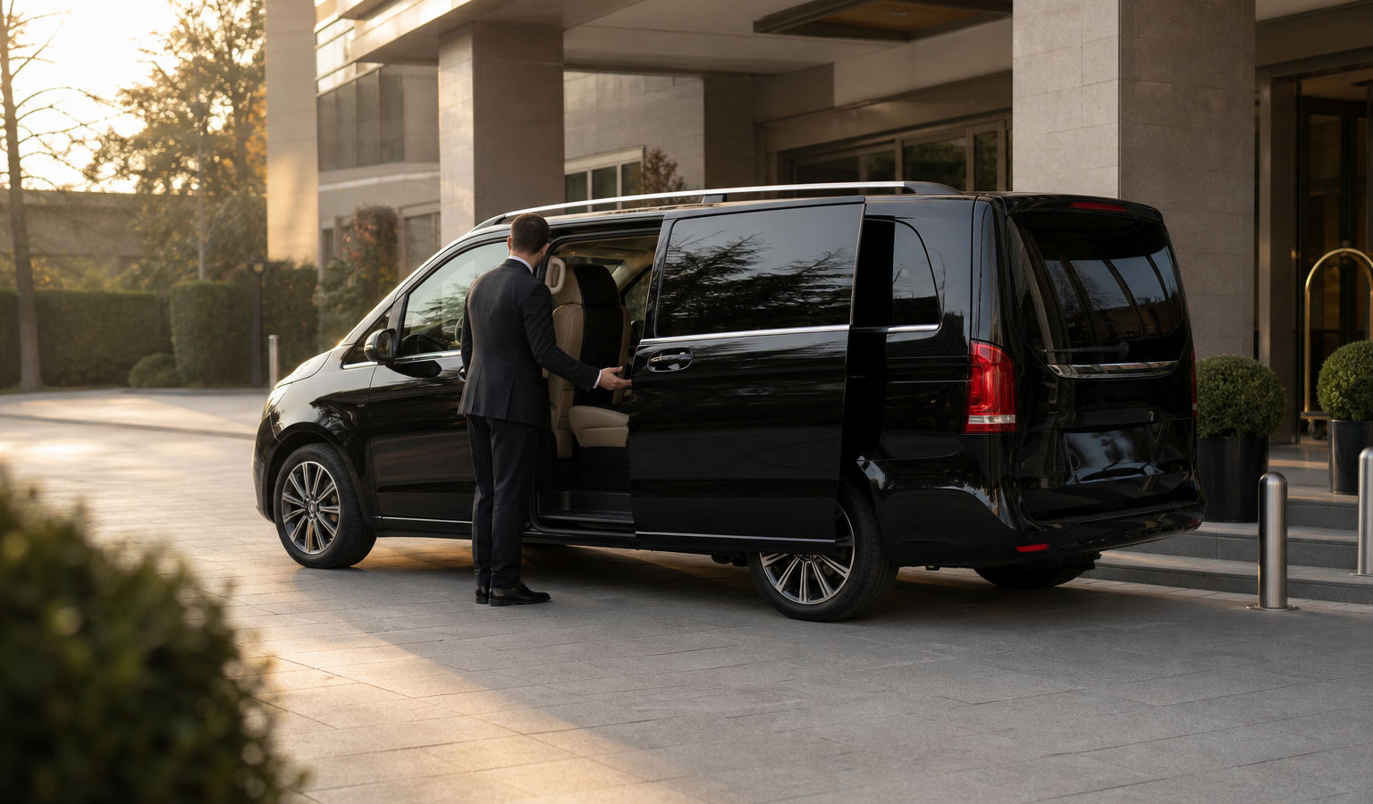 İstanbul otel girişinde kapısı açık siyah VIP minibüsün yanında duran profesyonel şoför