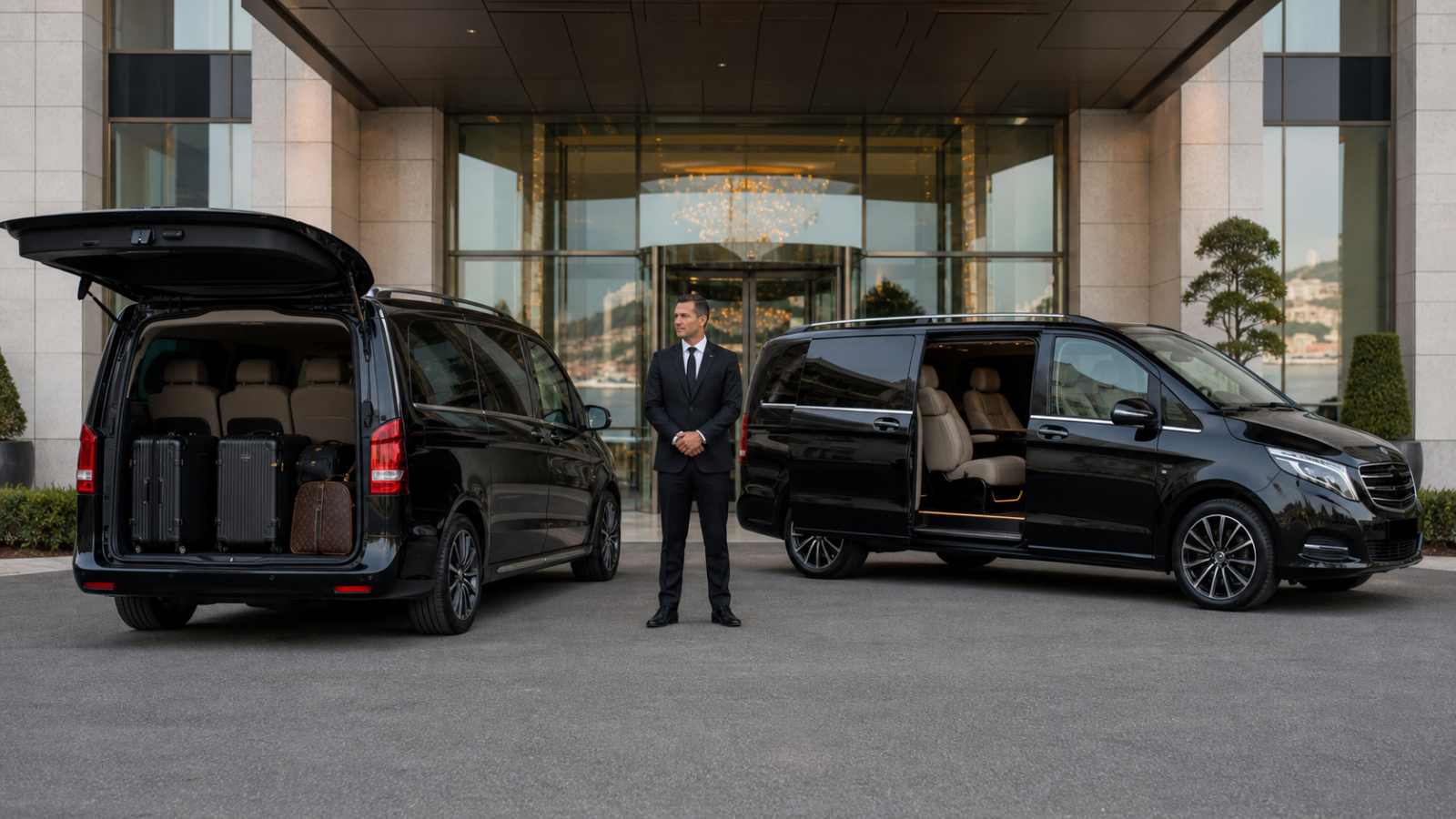 Mercedes Vito ve V-Class tipi iki siyah VIP aracın bagaj ve kabin karşılaştırması