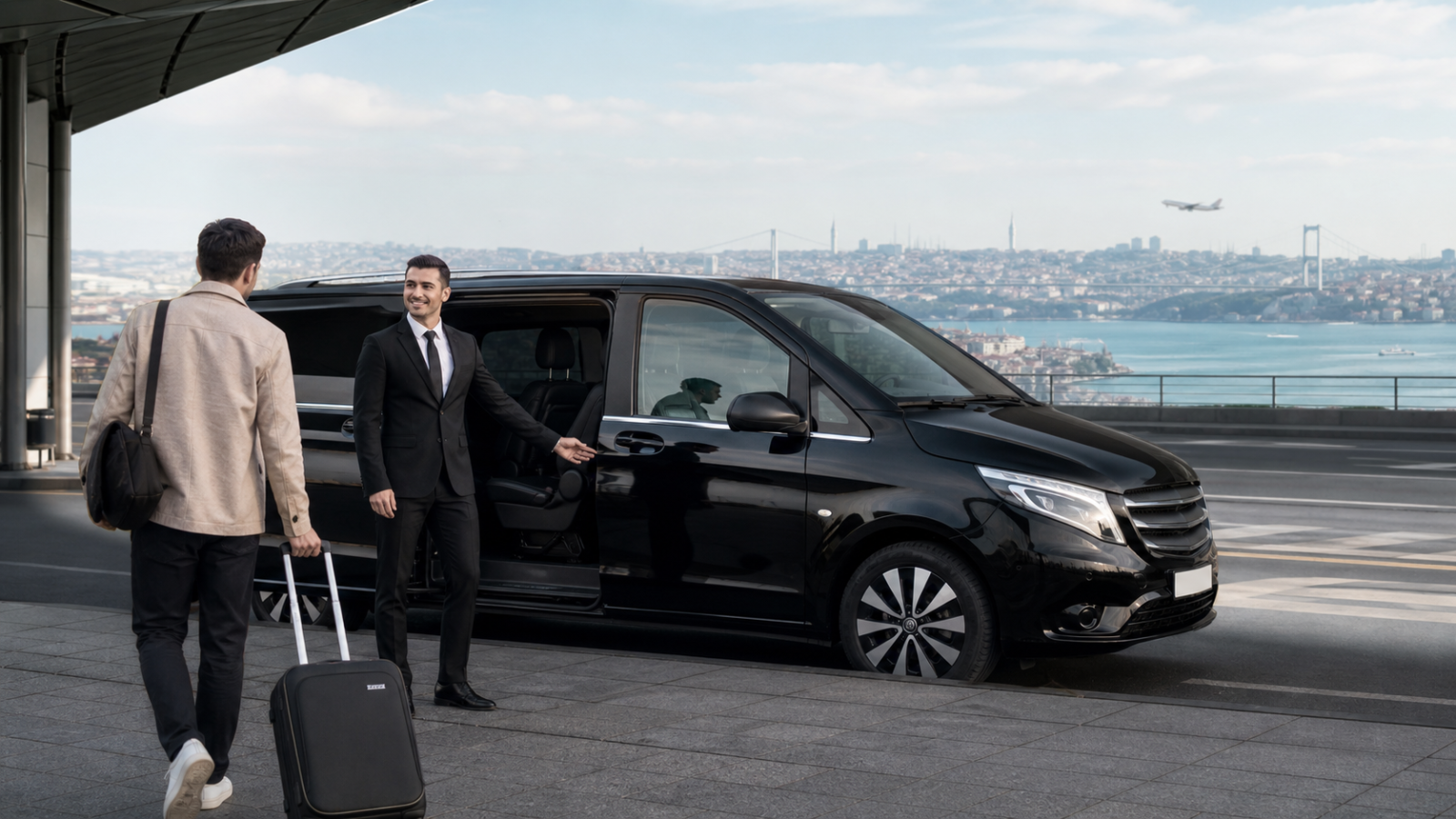Sabiha Gökçen Havalimanı’nda VIP minibüs yanında yolcuyu karşılayan profesyonel şoför